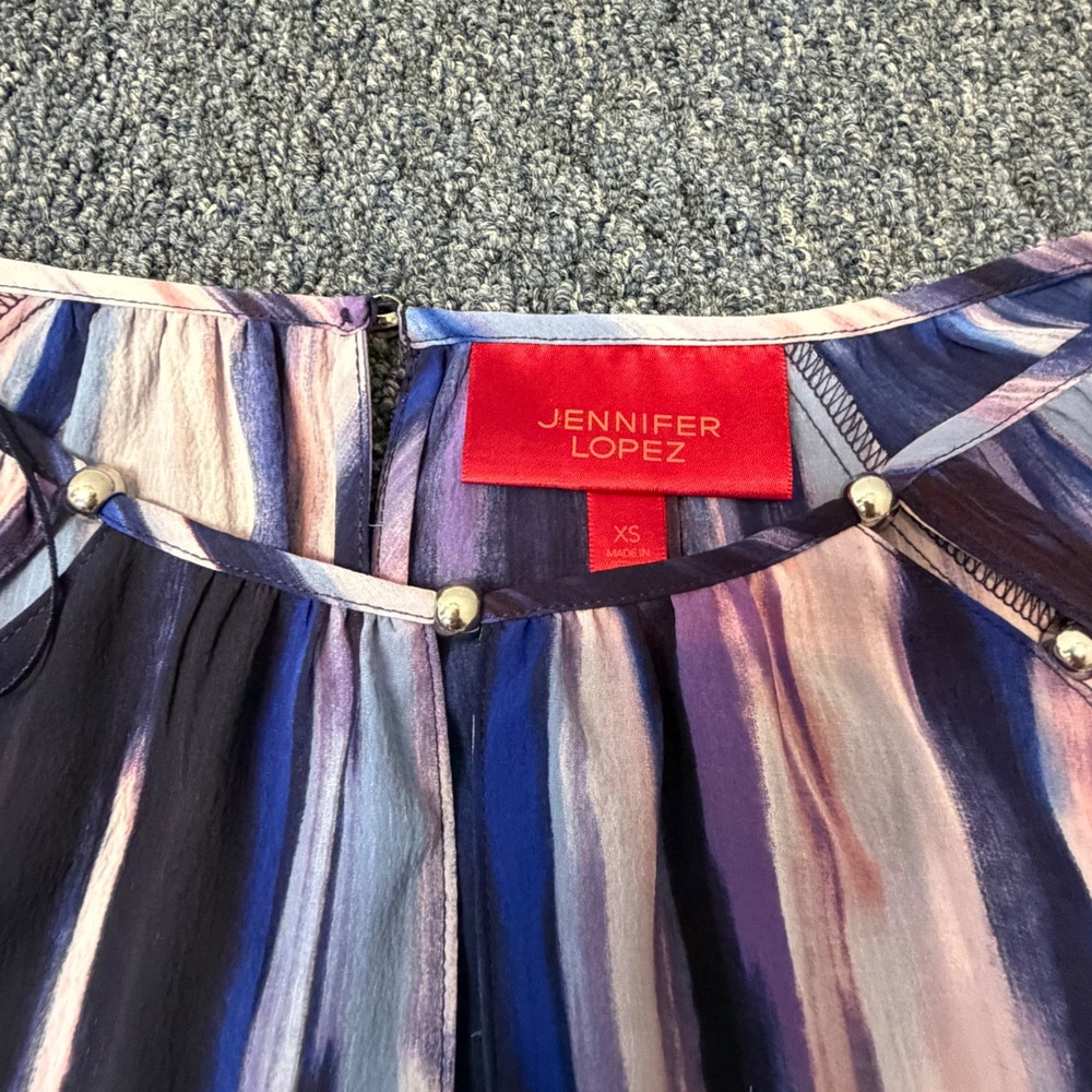 Jennifer Lopez Purple Abstract Stripe Sharkbite Hem Blouse XS Long Sleeve Top